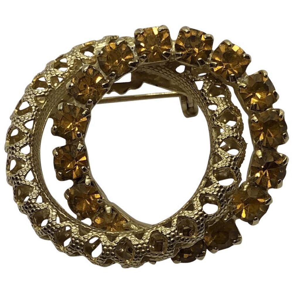 Vintage Prong Set Citrine Colored Rhinestone Interlocking Circle Pin / Brooch